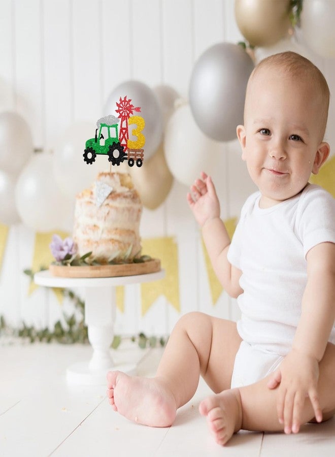 SUPERLUBY Tractor 3rd Birthday Cake Topper, Tractor Three Cake Topper for Boy, Farm Truck 3 Years Old Birthday Cake Decor, Farm Barnyard Themed 3rd Anniversary Party Decoration - Green Glitter - Image 5